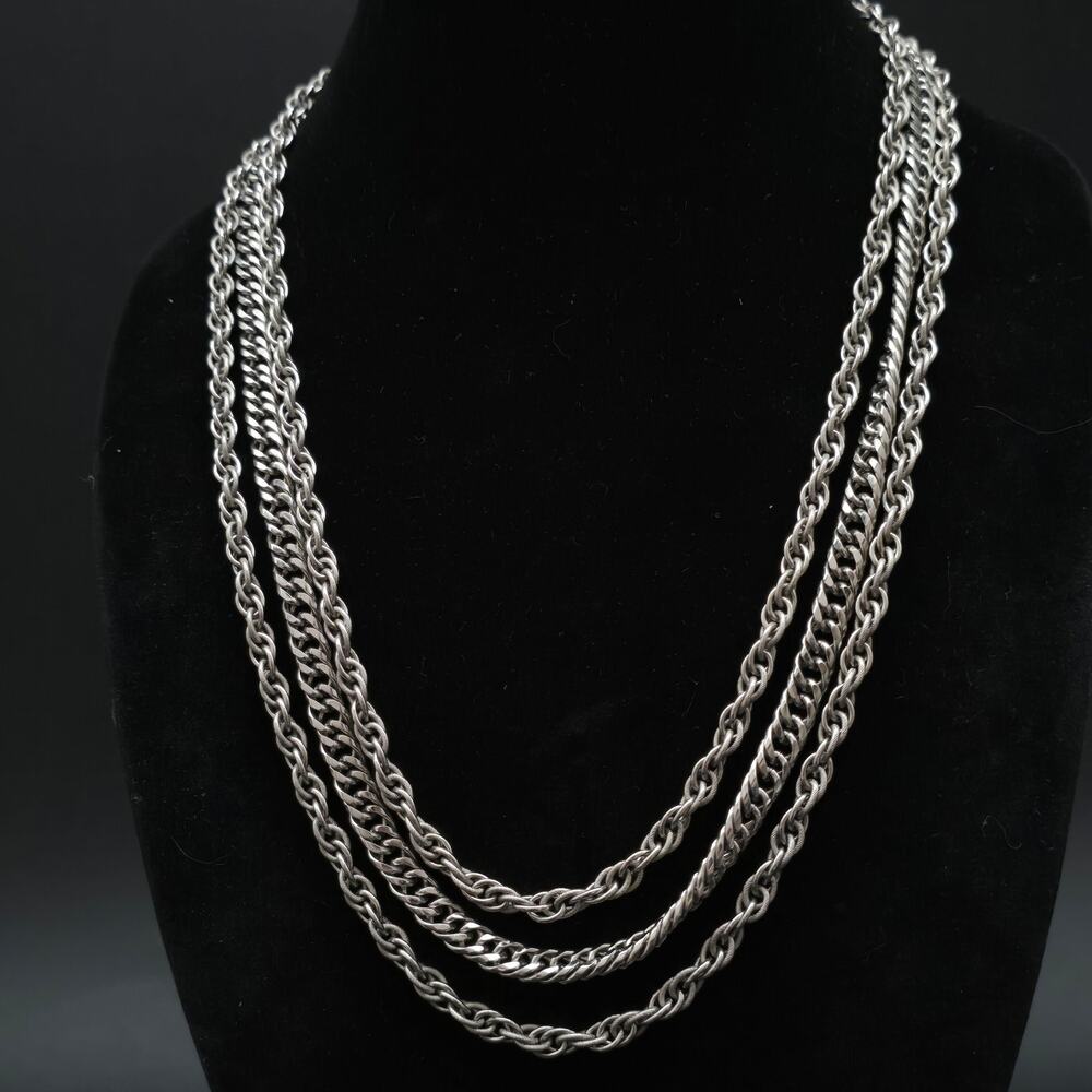 TAN Signed Necklace Silver Tone Layered Chain Flower Clasp Vintage Jewelry